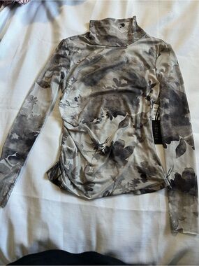 STATE Sheer Floral Mock Neck Long Sleeve Top in Gray and Black